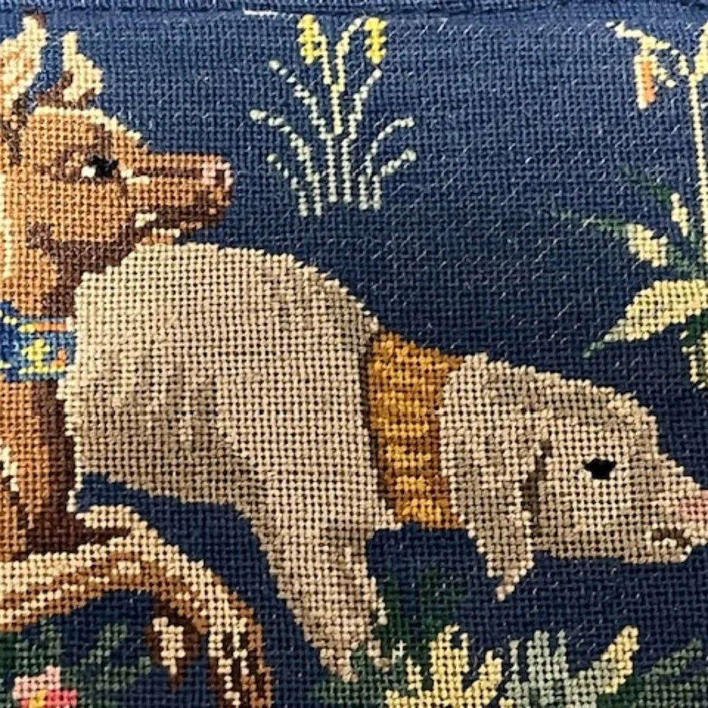 VTG Needlepoint Blue Animals Floral Eyeglasses Soft Case Silk Cotton 6.5
